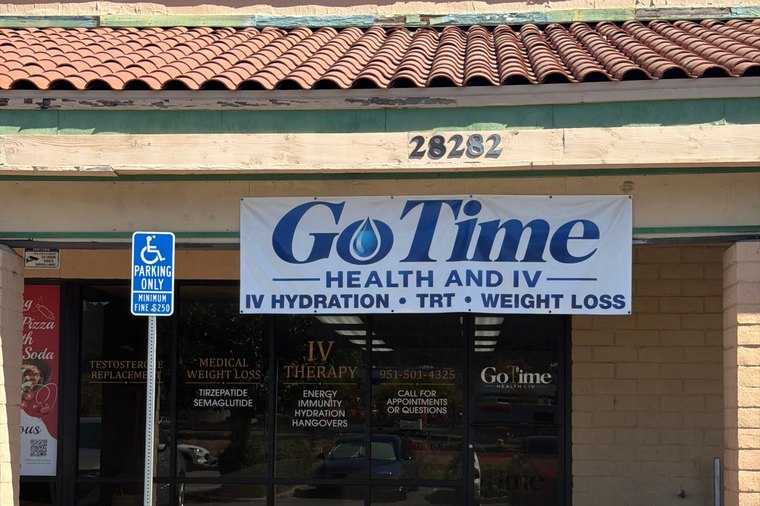 The GoTime Health & IV storefront at 28282 Old Town Front Street, with IV therapy, testosterone replacement and medical weight loss lettered on the windows